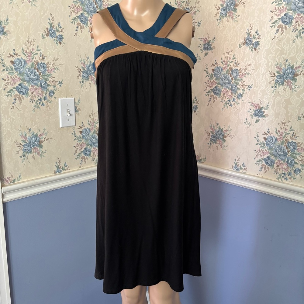 Akiko Black Blue Gold Halter Dress, Size XS